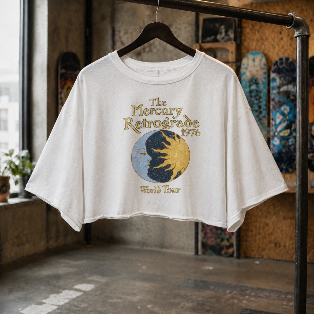 Papaya Mercury Retrograde 1976 World Tour Graphic Tee White Boxy Crop Top M